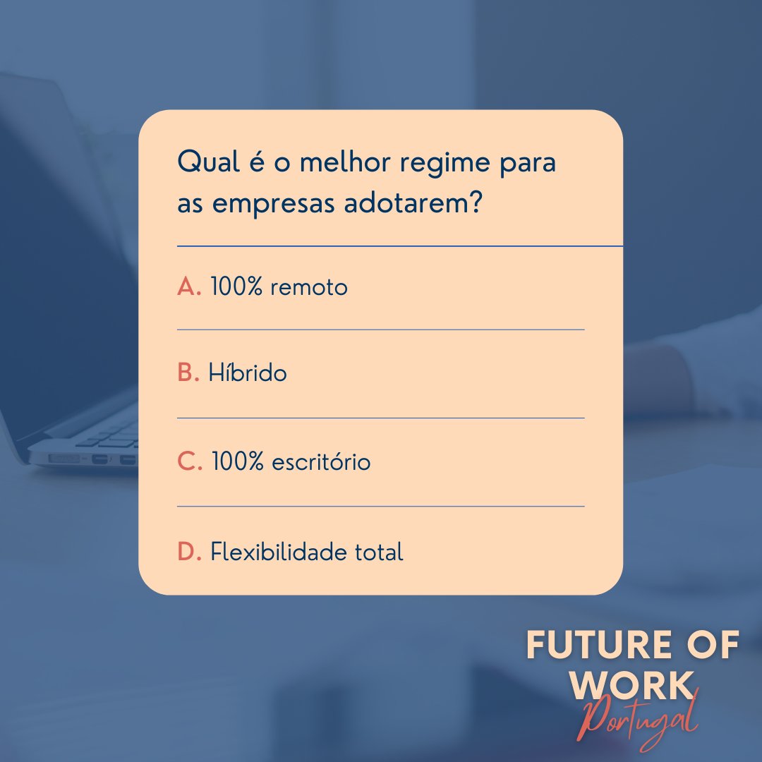 FOWfutureofwork's tweet photo. Qual será o melhor regime de trabalho nos dias de hoje?👨‍💻

Com tantas mudanças nestes últimos anos, será que ainda faz sentido uma empresa optar pelo regime de 100% escritório? 👀

Vem descobrir todas as respostas nos dias 8 e 9 de Fevereiro no Future of Work Portugal!💥 https://t.co/l8uTBzIIPZ