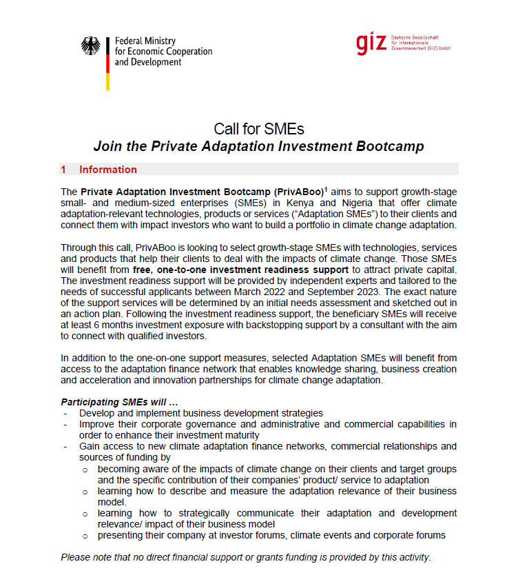 📣Applications are now open for the Private Adaptation Investment Bootcamp (PrivABoo) 2022-2023! Are you #SMEs in #Kenya or #Nigeria? Then you can apply!
🔎For questions, contact sarah.njeru@giz.de or annalena.fuchs@giz.de
To apply➡️ askallo.com/s/CallforSMEs
📅Deadline: 13-02-2022
