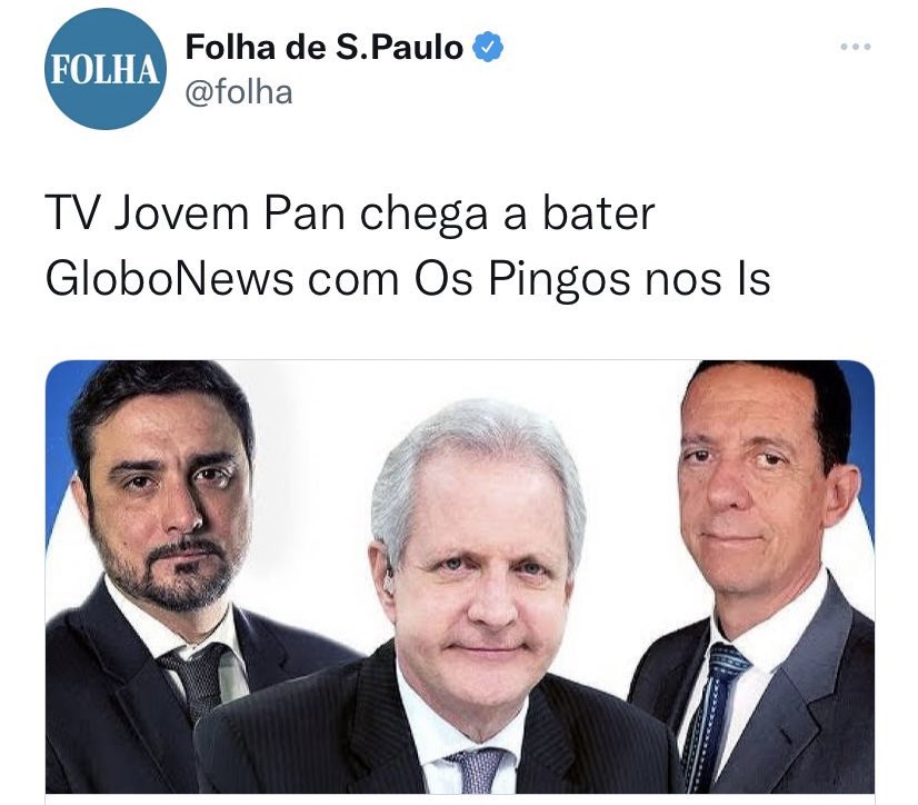 Há tempo a Jovem Pan tem se mostrado isenta em suas opiniões, em especial, nas análises políticas. Os resultados começam a aparecer. AUDIÊNCIA! Temos que entender que isso é um passo muito importante, em um período onde as batalhas se travam no campo das narrativas!