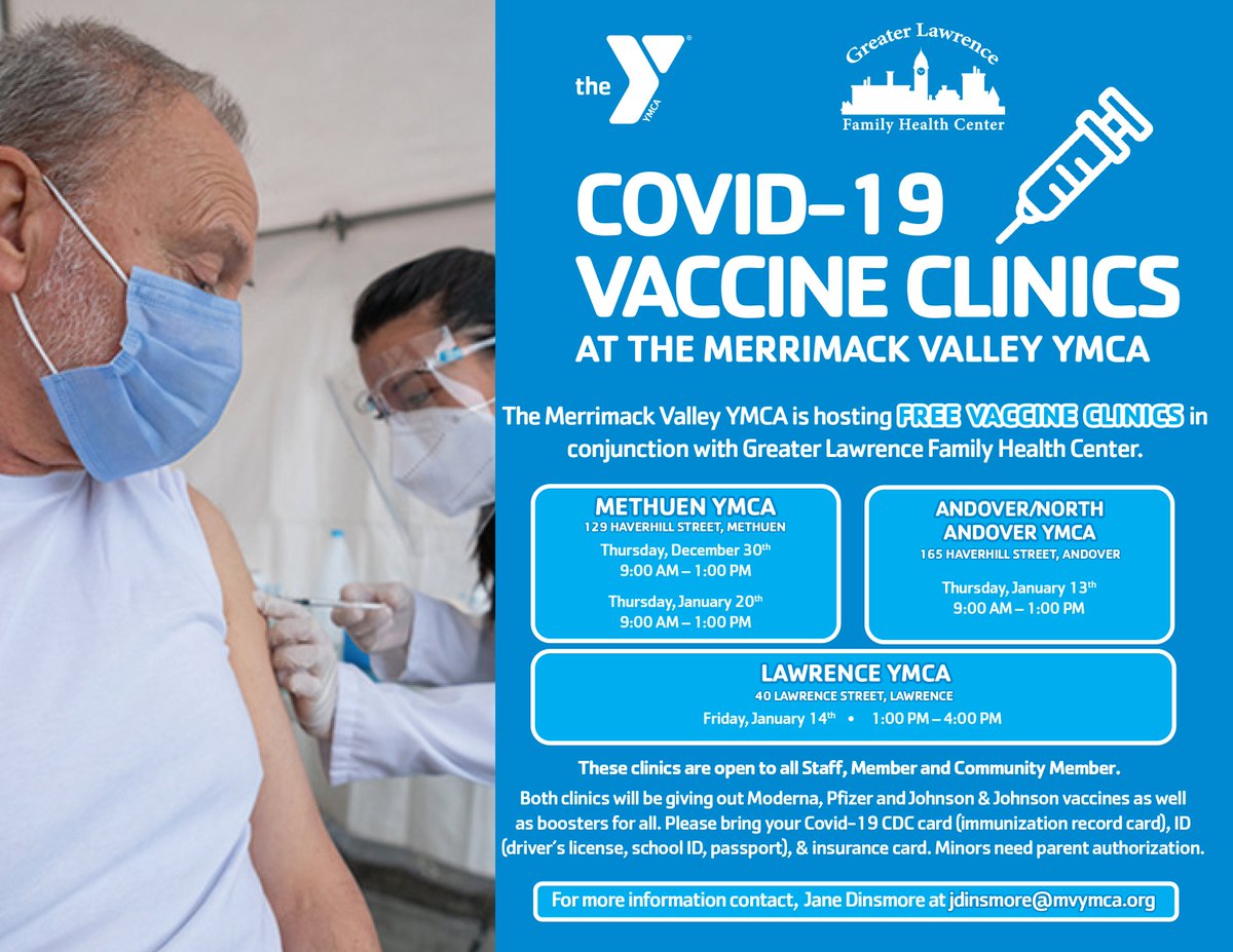 Get your Covid-19 booster or vaccine at the Y! We're teaming up with the <a href="/GLFHC/">Greater Lawrence Family Health Center</a> to offer a vaccine clinic at the Andover/North Andover Y on 1/13. No reservation required. Open to all! Details at mvymca.org/2021/12/vaccin…