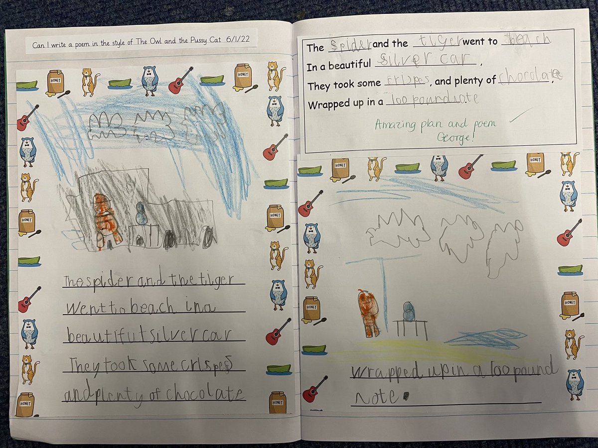 CambRdSchool's tweet photo. Some amazing writing from year 1 this morning. We were inspired by the Owl and the Pussycat to write a poem ✏️✏️ https://t.co/eCTQZLLJjx
