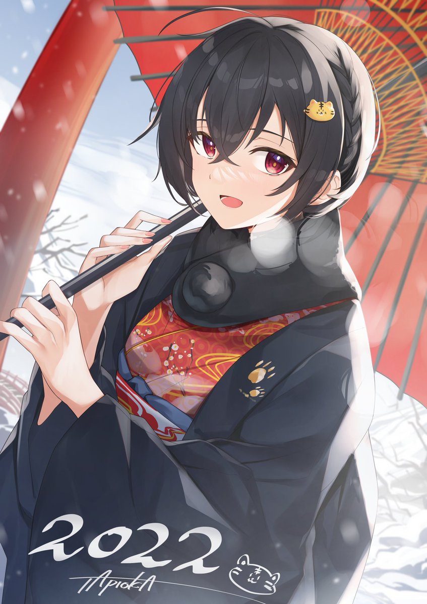 1girl japanese clothes umbrella kimono solo red eyes black hair  illustration images