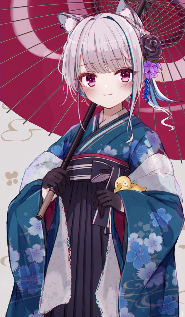 lize helesta 1girl japanese clothes umbrella flower animal ears hair flower kimono  illustration images