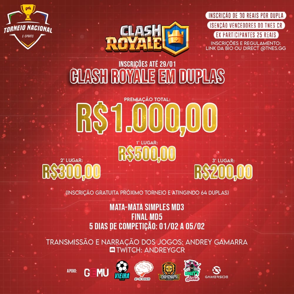 *Torneio de Clash Royale em Duplas TNES Torneio Nacional de e-Sports*

Fala galerinha do *Clash Royale!!*
Estou aqui para divulgar um *Torneio bem topzera de CR!!*

Instagram do Torneio: *@tnes.gg*
Twitter: *@tnesgg*
*Inscrições e Regulamento:* 
forms.gle/dVdjECTyxGW8RV…
