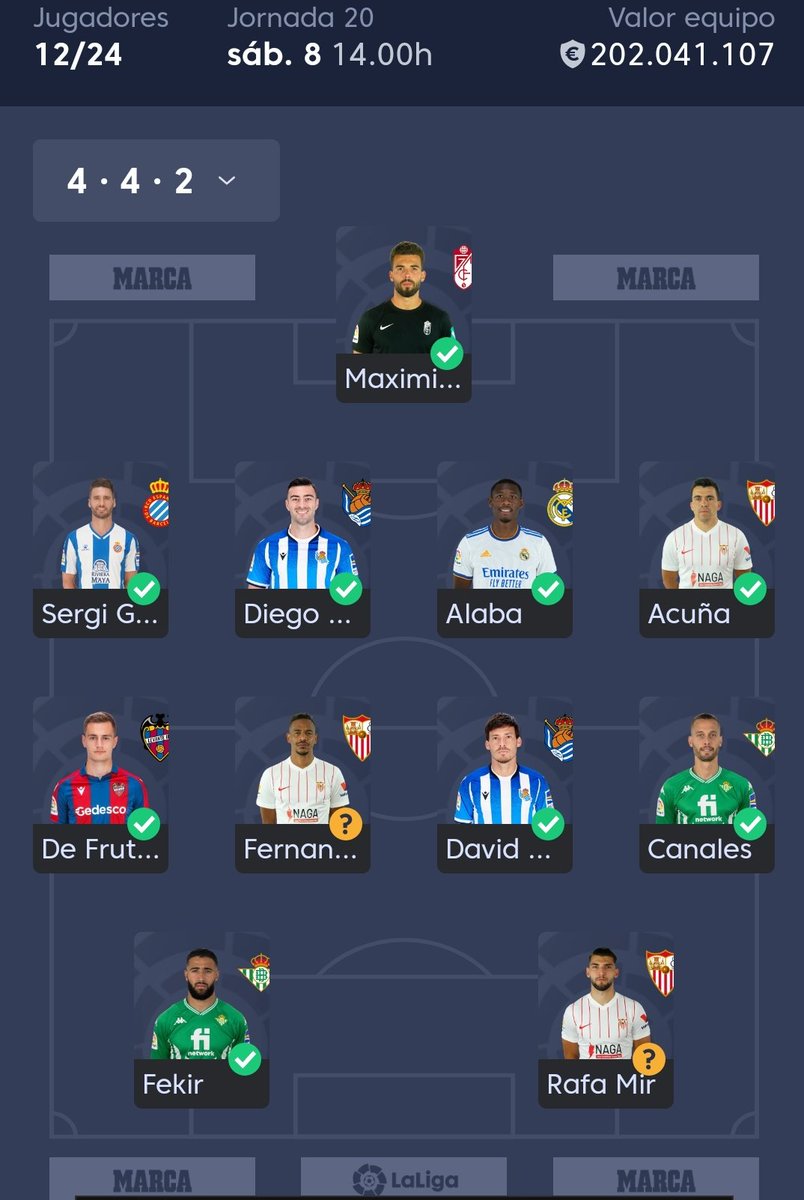 POTATOFC9's tweet photo. Alineación Jornada 20.

A la espera de  la situación de Fernando ( sustituto kubo que keen li ese esta con covid) y Rafa Mir (buscando sustituto por si acaso). https://t.co/H6KIJwNKpD