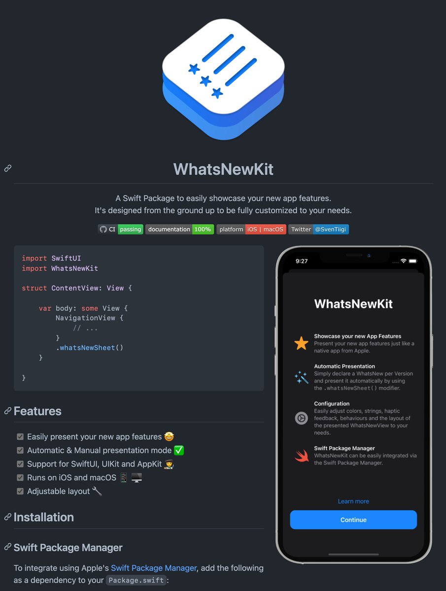 Released WhatsNewKit Version 2.0.0 on GitHub 🙌

Easily present your new app features like a native App from Apple with support for SwiftUI, UIKit and AppKit.

github.com/SvenTiigi/What…

#SwiftLang #SwiftUI #SwiftNews #iOSDev #opensource