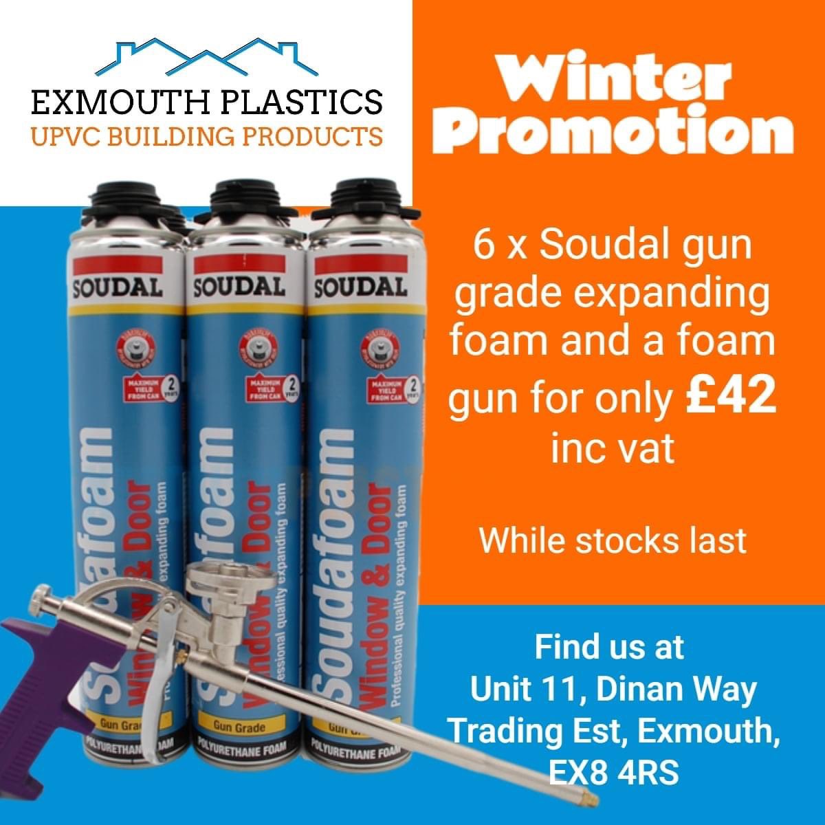 We have another winter promotion just for you!

6 x Soudal gun grade expanding foam and a foam gun for just £42 inc vat 

While stocks last 

#exmouth #homeimprovement #buildingsupplies #devon #exeter #honition #sidmouth #newtonabbot #windows #glazing #tools #fitters