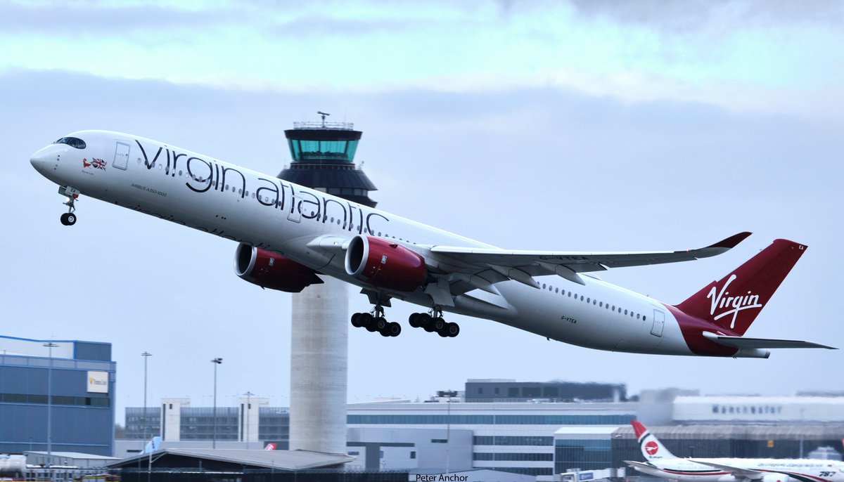 Peter34080554's tweet photo. Todays post features the beautiful @VirginAtlantic @AirbusintheUK A350 G-VTEA (Rosie Lee) seen here passing the @NATSManchester tower on route to New York from @manairport on Runway 23R taken this week on Monday #virgin #airbusA350 #virginatlantic #JFK @avgeek__ https://t.co/ndisUJkZrg