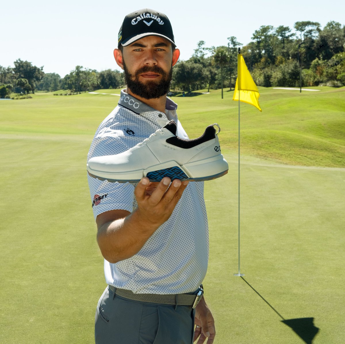 ECCOGOLF's tweet photo. Ready to turn heads! It's showtime for #ECCOGOLF ambassador @FredVR_ today as he tees it up at the @Sentry_TOC wearing his BIOM H4 signature edition shoe for the first time. Let's go, Erik! https://t.co/G5J34tJQ2D