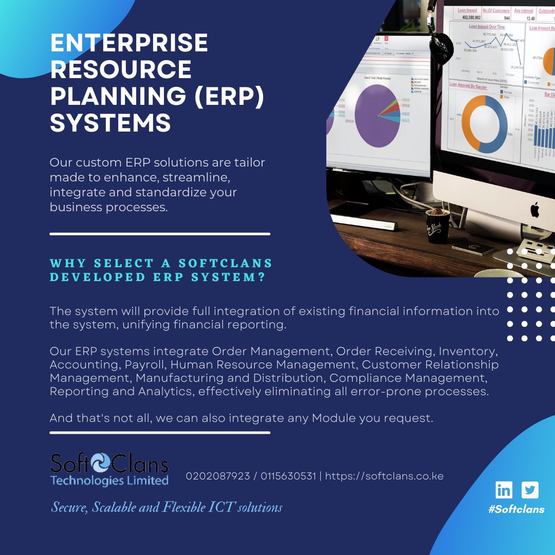 Softclans's tweet photo. Are you considering an ERP System? 

Visit https://t.co/xcvNTuFG6Z for a fully customizable ERP solution that can be integrated into your existing business process.

#SoftwareDevelopment 
#ERP
#SoftClans https://t.co/oN6gRVfxTX