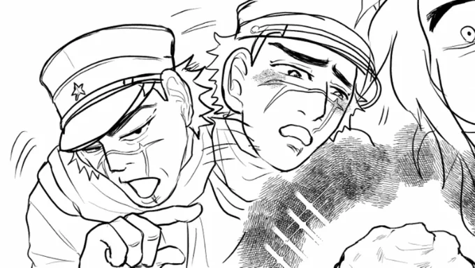 慣れない杉元変顔描いても全部セリフで消えるコマ 