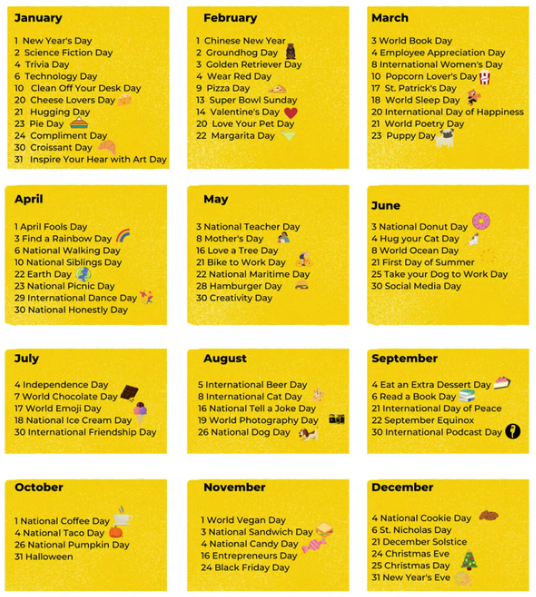 RdbSocial's tweet photo. Do you need new ideas for your content?
Here are some Holidays and Celebrations that you can use in 2022
#socialmediamarketing #socialmedianews #contentcalender #contentideas
https://t.co/NOl5lcXHPO https://t.co/zeMP5Hw2yA