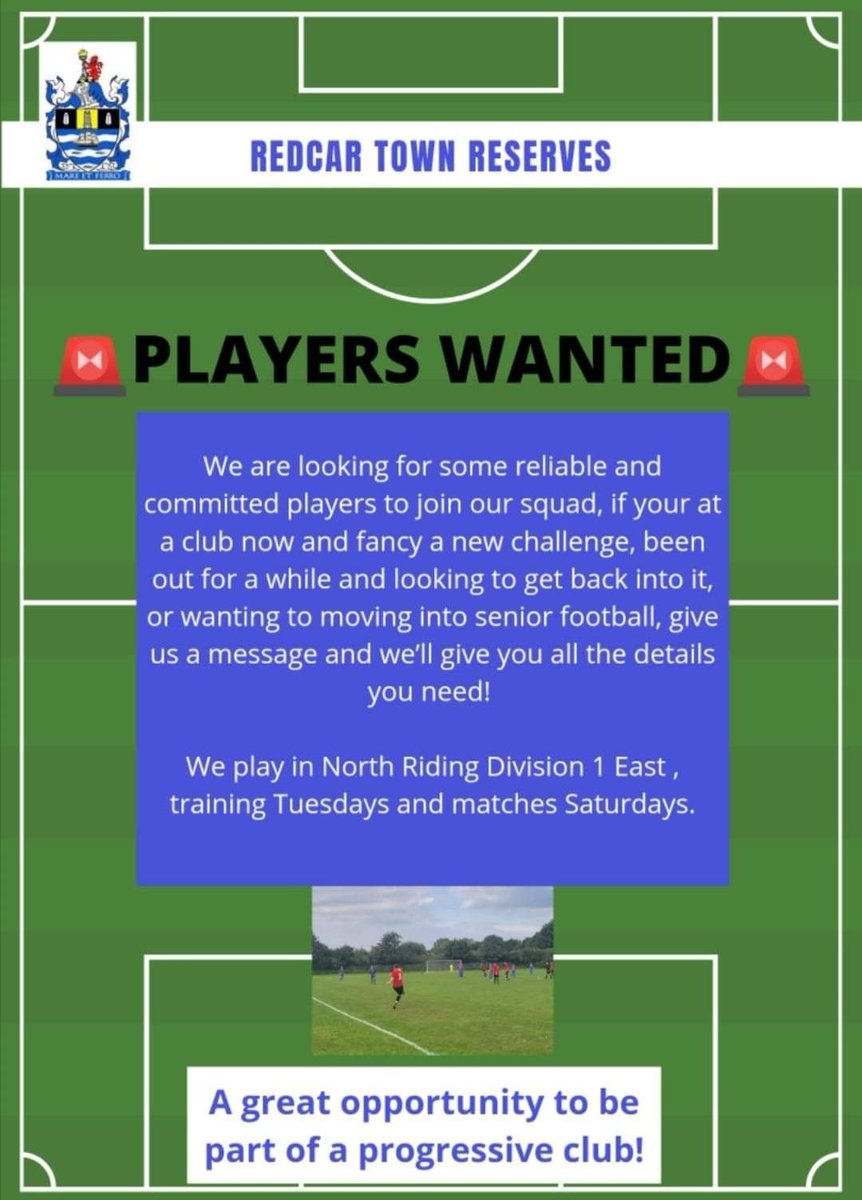 Looking to recruit a player for centre back position. If you or anyone you know wants to get involved in Saturday football and is committed to regular football please get in touch. <a href="/NRFLOfficial/">North Riding League</a> <a href="/NorthRidingFA/">North Riding FA</a> <a href="/redcartownfc/">Redcar Town FC</a>