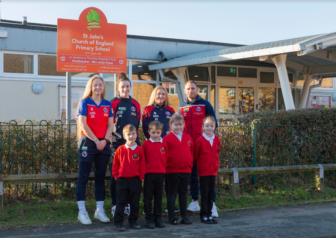 What a pleasure welcoming <a href="/DorkingWDRS/">Dorking Wanderers FC</a> @DWFCLadies to St. John's this week, leading an inspirational assembly on participation, hard work and determination. A huge thank you to Dorking Wanderers who have given every child at St. John's a ticket to their home game this Saturday.
