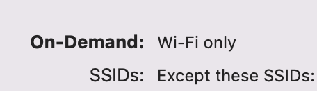awlnx's tweet photo. Did you know that the #MacOS and #iOS #Wireguard clients can automatically activate on cellular and wifi connections except for some SSIDs?
This is really awesome! So VPN always on except at home. https://t.co/Xye4SCUTIo