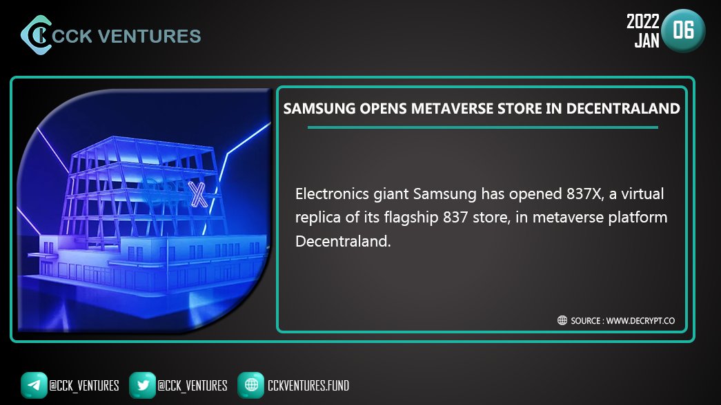 CCK_ventures's tweet photo. Samsung Opens Metaverse Store in Decentraland.

#Samsung #Metaverse #Decentraland #Elctronics @SamsungMobile @decentraland #Crypto #Trading #cck #investment #cryptonews #cryptotrading #altcoins #NFTs 

Join CCK
✅Group: https://t.co/TCxfYZthhv
✅Channel: https://t.co/7eVh8snEcC https://t.co/qHWMU1aNVY