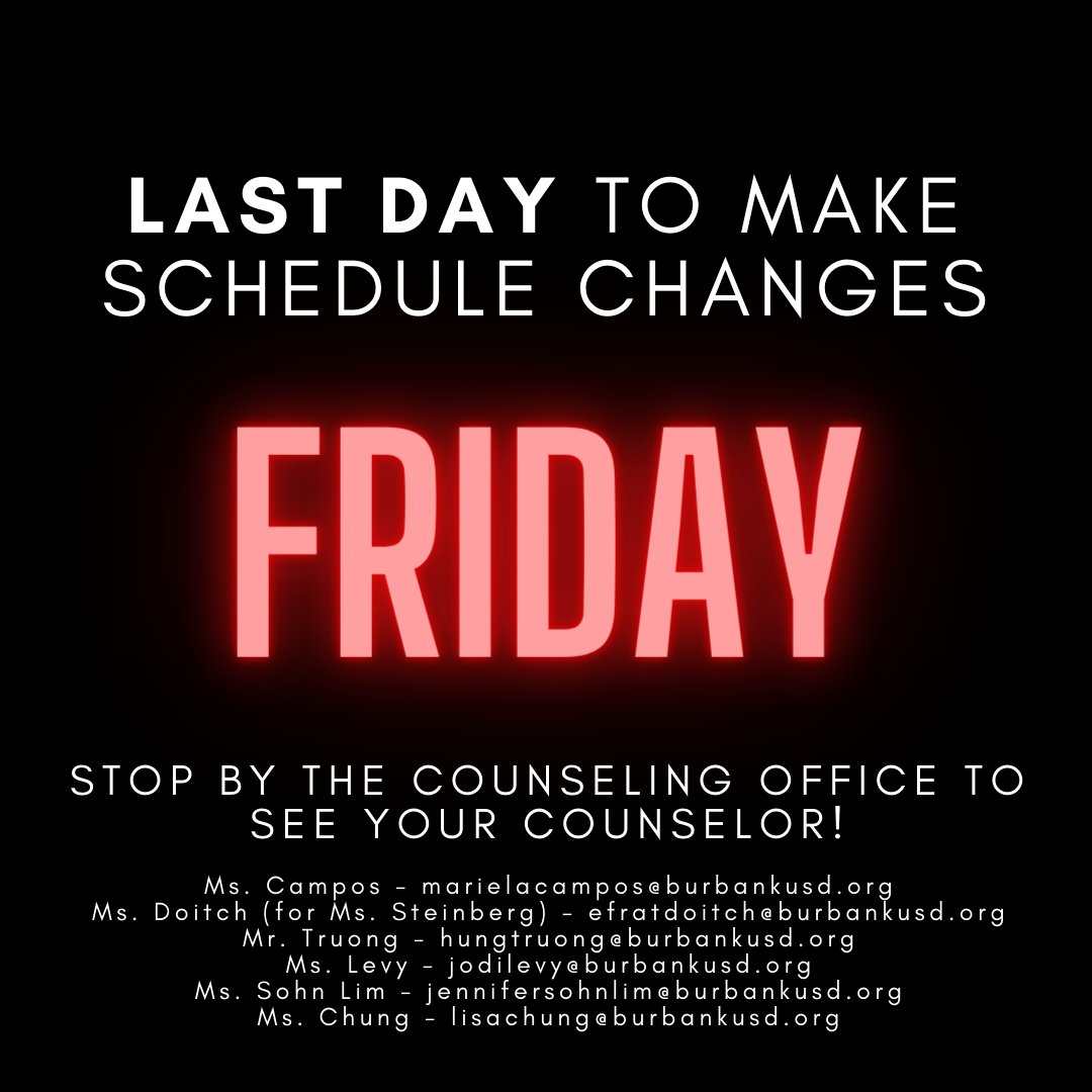 JBHSGuidance's tweet photo. Friday (1/7/2022) is the LAST DAY for any Spring 2022 schedule changes.  Please make sure to see your counselor in the counseling office with any issues. https://t.co/DUAlguneP9