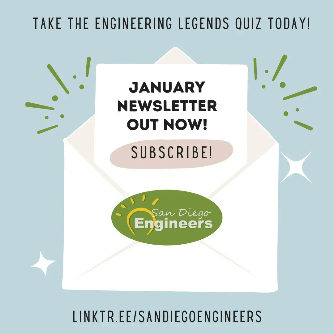 SDEngineers's tweet image. Test your Engineering Legend Knowledge. Read the January issue of the San Diego Engineers Newsletter linktr.ee/sandiegoengine…

#SanDiegoEngineers #Newsletter #EngineeringLegends