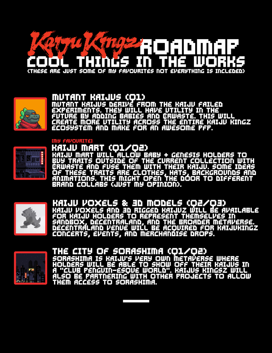 tokenverse_'s tweet photo. I just read through @KaijuKingz roadmap again. Here's 4 things in the works that i'm looking forward to seeing the most. #yearofthekaiju #KaijuKingz https://t.co/la2CqDJQ2S