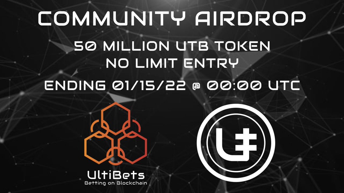 UltiBets's tweet photo. $UTB AIRDROP! 

Rules:
1. Follow Twitter @UltiBets
2. Join the Discord
3. Join the Telegram Group
4. Quote tweet this Airdrop tweet, add the hashtags #UltiBets $UTB #Airdrop and tag 3 Friends 
5. Submit your entry on Discord ONLY (airdrop-entry channel)

#UltiBets #UTB #Airdrop https://t.co/QWwZuvFnTB