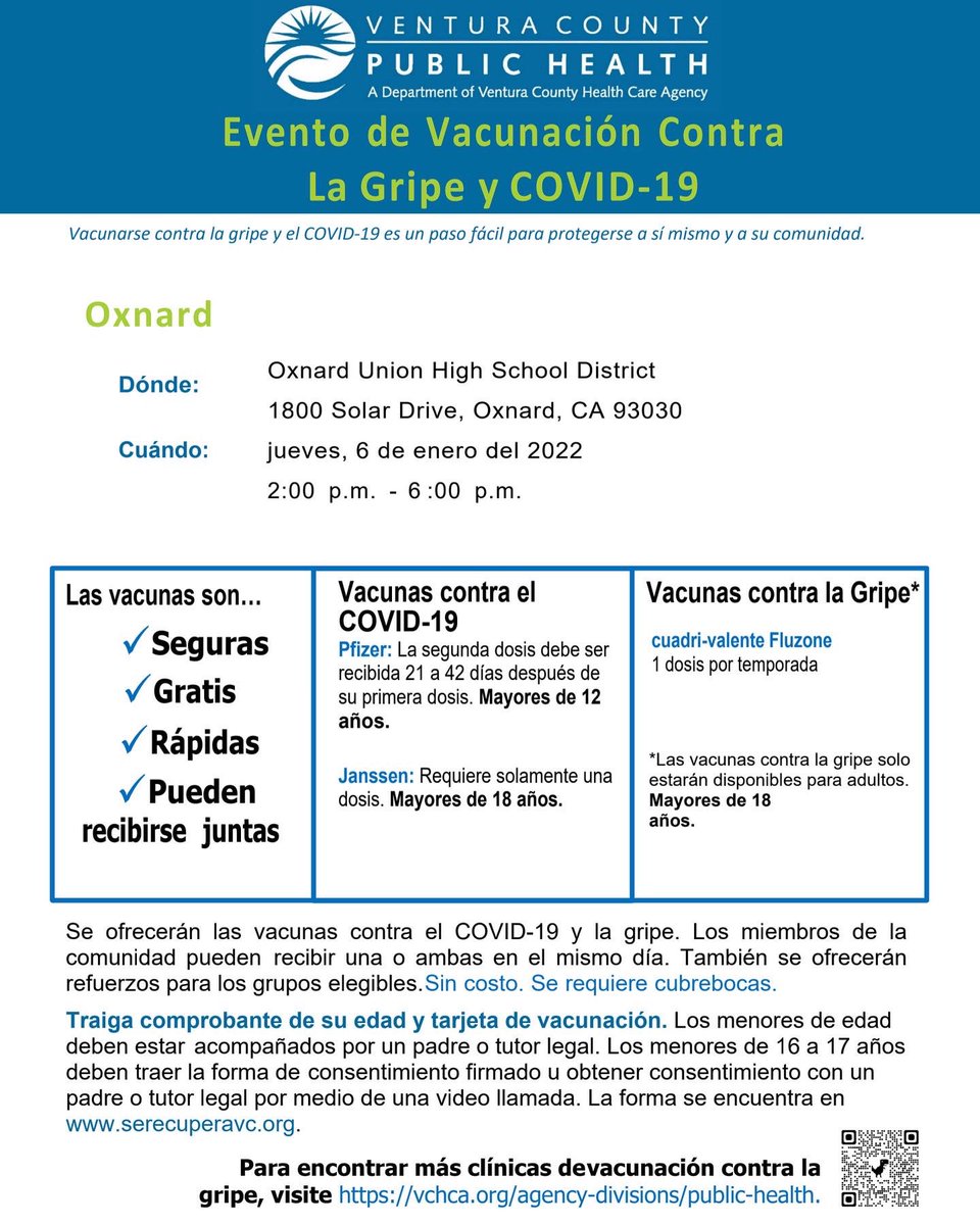 OxnardUnion's tweet photo. FLU AND VACCINE EVENT
COVID-19 vaccines and flu vaccines will be offered today January 6, 2021.
Community members can choose to receive one or both on the same day. Boosters for eligible groups will also be offered. No charge… and masks will be required.
#WeAreOxnardUnion https://t.co/m1MEzyGbXn