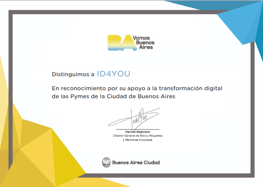 ¡Gracias <a href="/jlgiusti/">Jose Luis Giusti</a> de <a href="/gcba/">Buenos Aires Ciudad</a> y <a href="/BApyme/">BA PyME</a> por el reconocimiento a #ID4You como empresa capacitadora del ciclo Mi PyME Digital! 🙌

#pymes #transformaciondigital #negociosonline #emprendedores