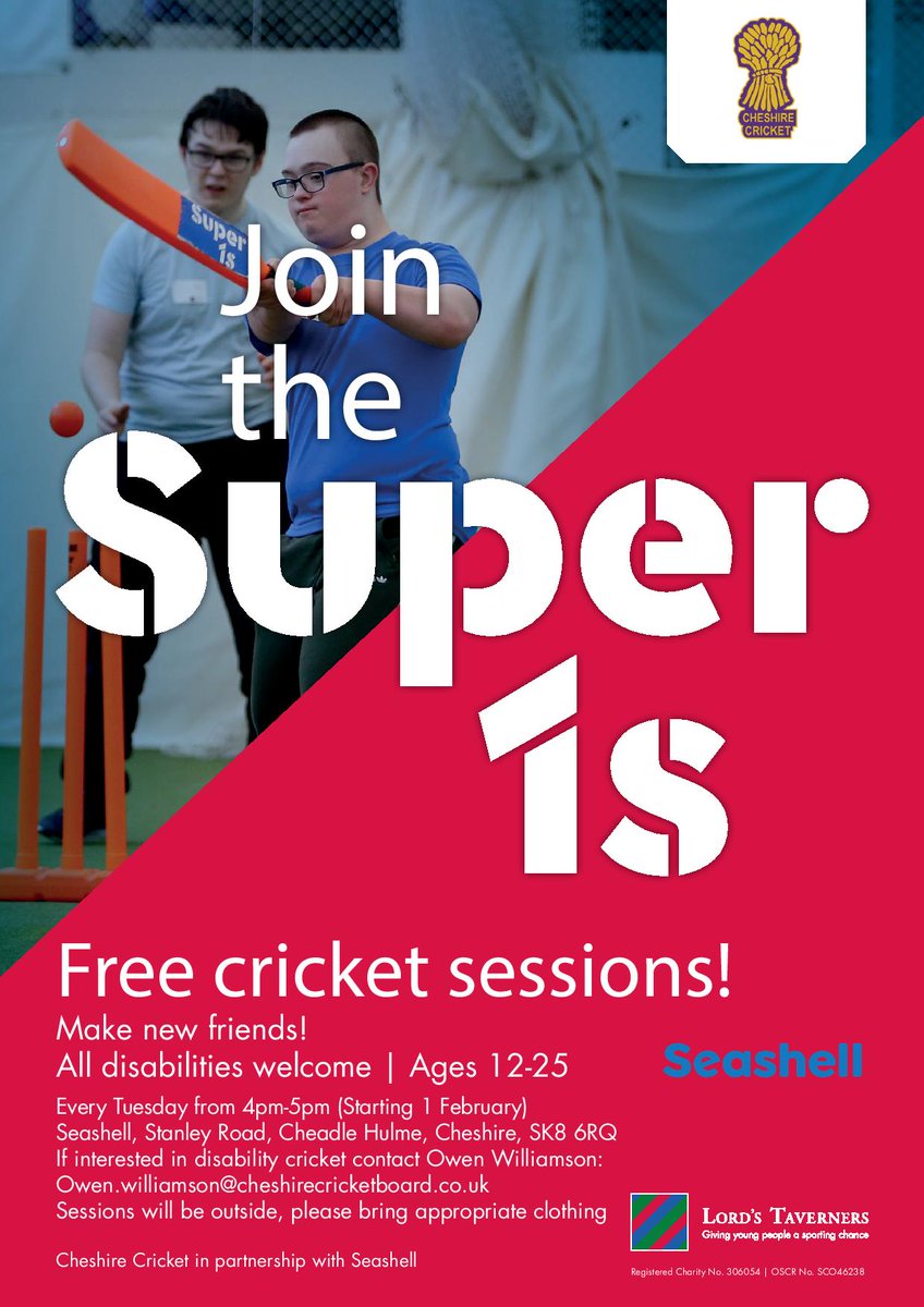 🏏Our 3rd New <a href="/LordsTaverners/">Lord's Taverners</a> Super 1s Hub is in Stockport <a href="/seashelltrust/">Seashell</a>. Super 1s is a fantastic opportunity for anyone with a disability to be involved in  Cricket and to realise your potential off and on the pitch.
<a href="/sgeorgianscc/">Stockport Georgians</a> <a href="/StockportMBC/">Stockport Council</a> @DSActive <a href="/TogetherTrust/">Together Trust</a> 
INFO👇