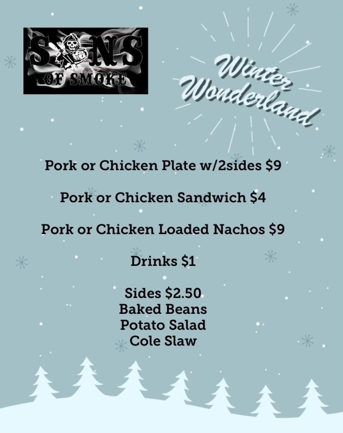 FLMSBraves's tweet photo. Mark your calendars and come hungry!  We are excited to announce @sonsofsmokeTN will be set up in the parking lot for the @FLMSBraves Winter Wonderland event.  Their menu is attached. #WhateverItTakes via ^Gray https://t.co/wkfXOT21xO