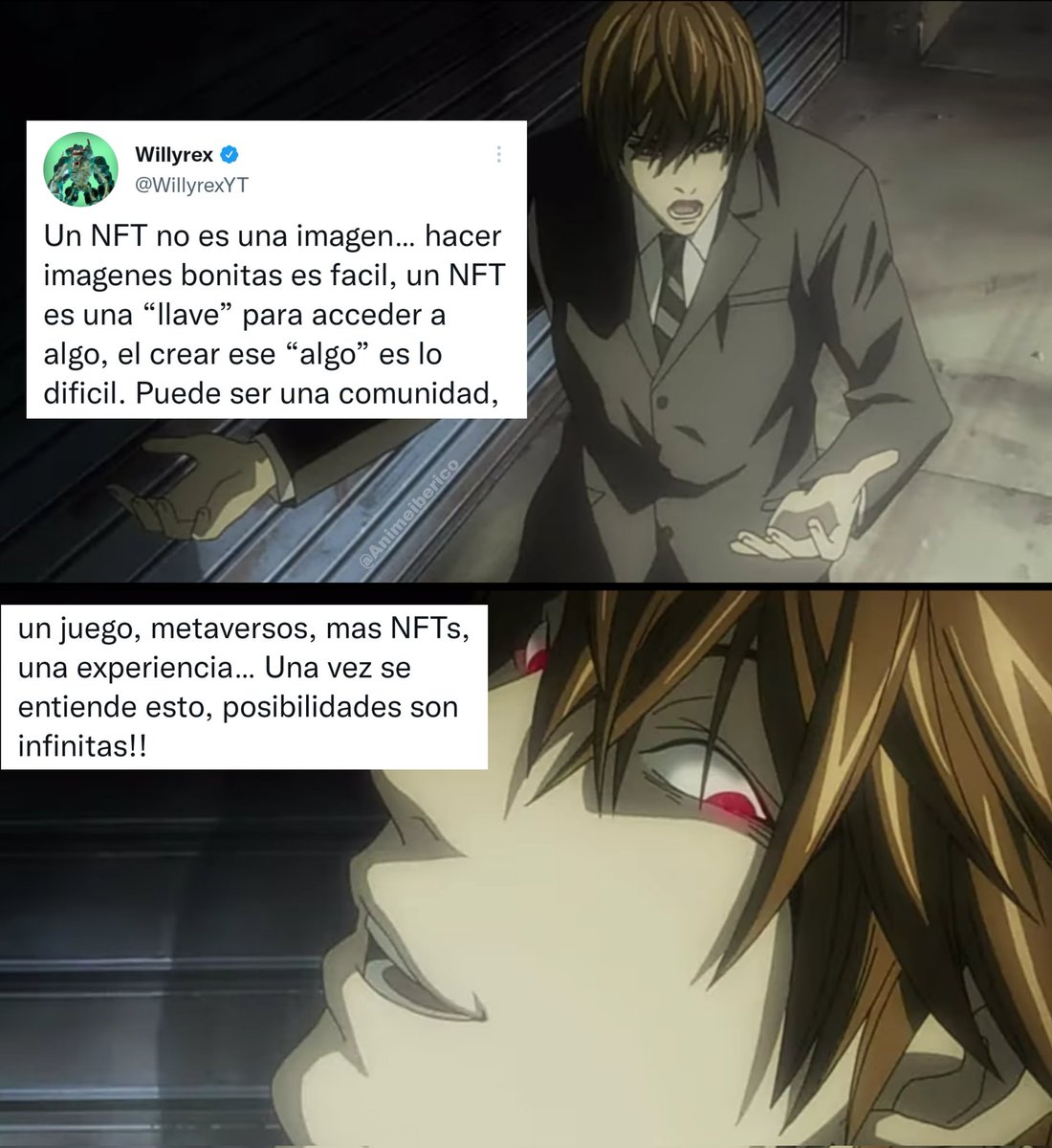 Animeiberico's tweet photo. Hilo de tweets de Willyrex hablando sobre NFTs pero es Light Yagami. https://t.co/rIQ7a4fHzQ