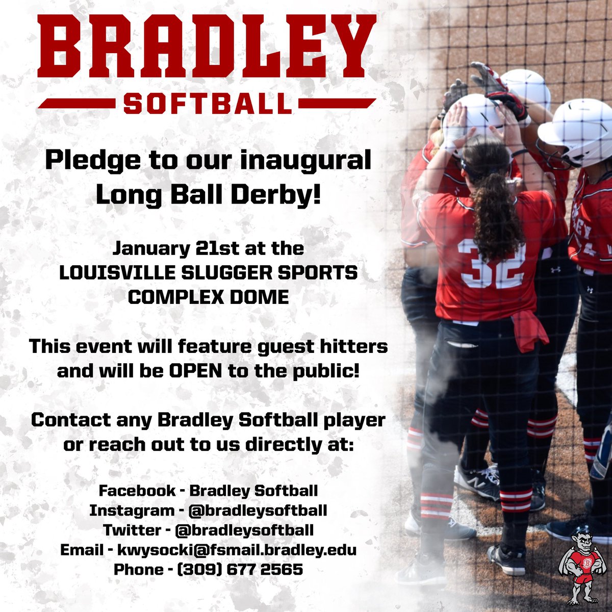 BradleySoftball's tweet photo. January 21st is our inaugural Long Ball Derby! Hope you will support and join us for a great day π
±οΈπͺπΌ Contact us to get information on how to sponsor! #BUSB22 https://t.co/cLh80H5UJs