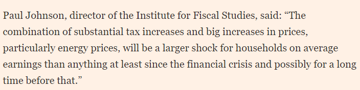 PJTheEconomist's tweet photo. Quoted by @ChrisGiles_  https://t.co/gXvo4Ek6sq
Consider person on £30k 
  NI rise >£250 
  income tax up c.£150 due to freezing of allowance 
  Inflation at 6% reduces real value of take home pay by 
nearly  £1.5k

A big loss. Average pay won't rise close to enough to compensate https://t.co/6LFZvxxBa0