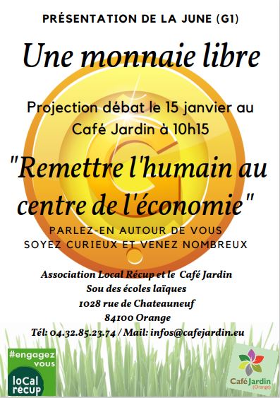 L’association Local Récup vous invite le samedi 15 janvier 2022 à 10h15 au sein de nos locaux pour faire une projection débat de la June, une monnaie libre. 
Vous voulez en apprendre d’avantage sur la June, laissez-vous guider par votre curiosité et venez la découvrir.