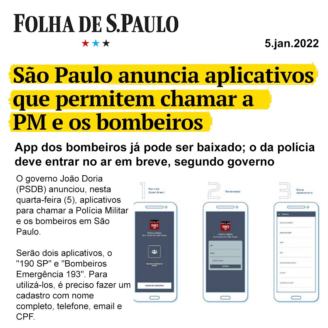 jdoriajr's tweet photo. Apresentamos mais uma novidade para trazer rapidez e eficiência nos atendimentos emergenciais da PM e dos Bombeiros. Os novos aplicativos vão permitir o registro de ocorrências de forma prática e discreta. É a tecnologia sendo utilizada p/ combater o crime e defender a população. https://t.co/zIicOqH3Tz