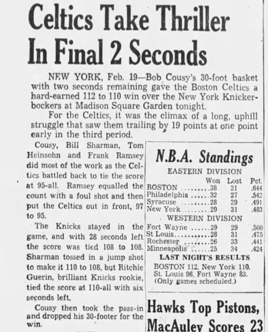 RT @WiltStats: Bob Cousy makes a 30-foot game winner with 2 seconds remaining to beat the Knicks. 

(Feb 20, 1957) https://t.co/lzkLvDHu3f