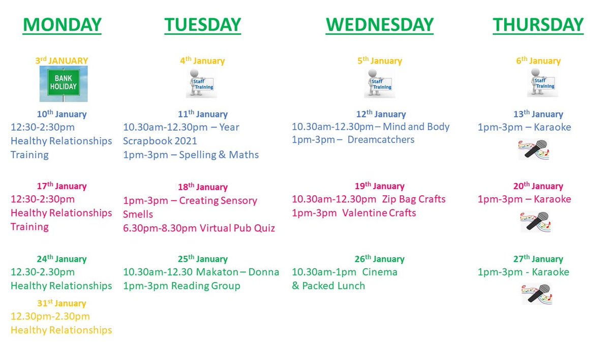 SUSOMacc's tweet photo. Welcome back to our wonderful SUSO members and volunteers. 
Below is Januarys calendar, please feel free to print it.
Any questions? Please let us know and a member of staff will be happy to help!
Stay safe!

SUSO Team :) https://t.co/LycnHkINST