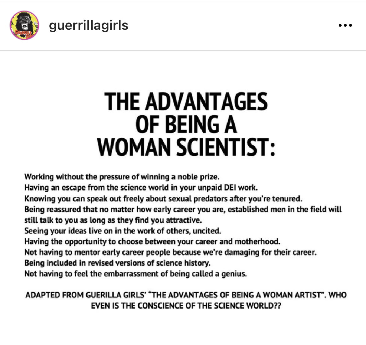 I was sent this Instagram post today. Thought I’d post it here so all the #womeninSTEM can laugh/cry about the accuracy.