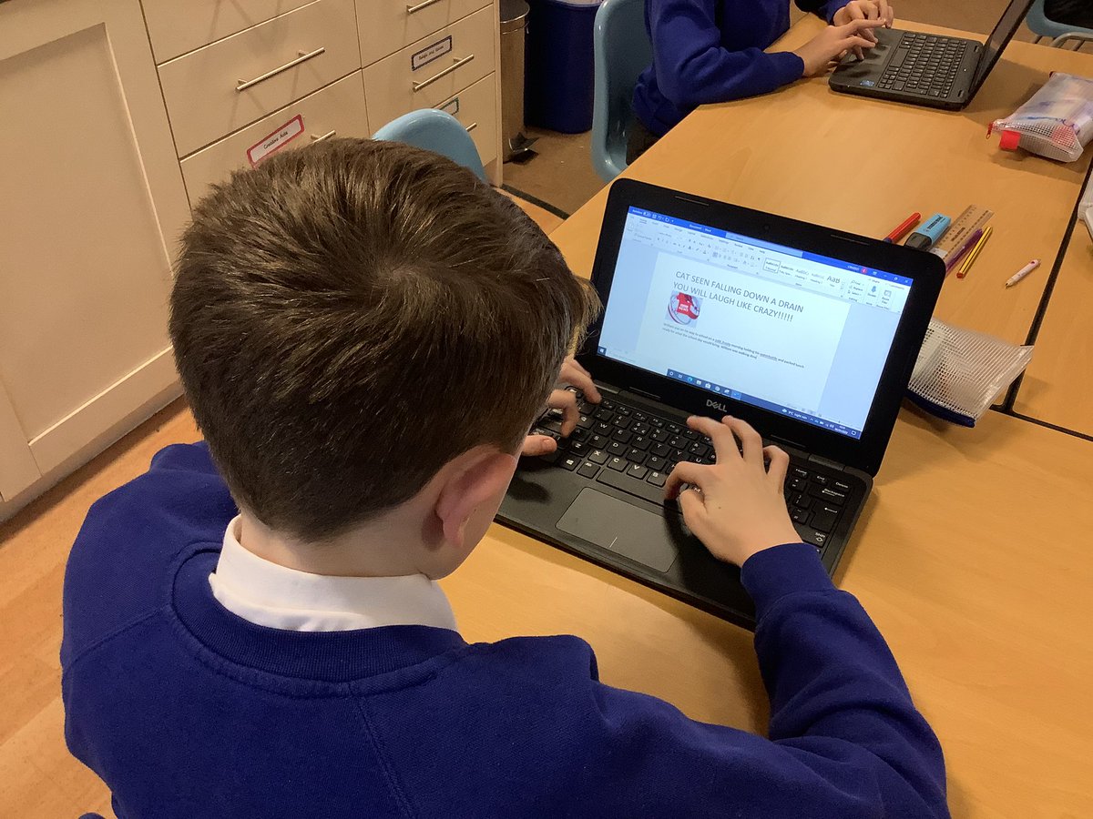 Miss_E_Lenton's tweet image. We have been finding out about Fake News and what makes it so convincing. Here we are, having a go at writing our own Fake News stories. We have made sure to include lots of true things in our articles in order to trick the reader! @Carrmillprimary  #carrmillcomputing