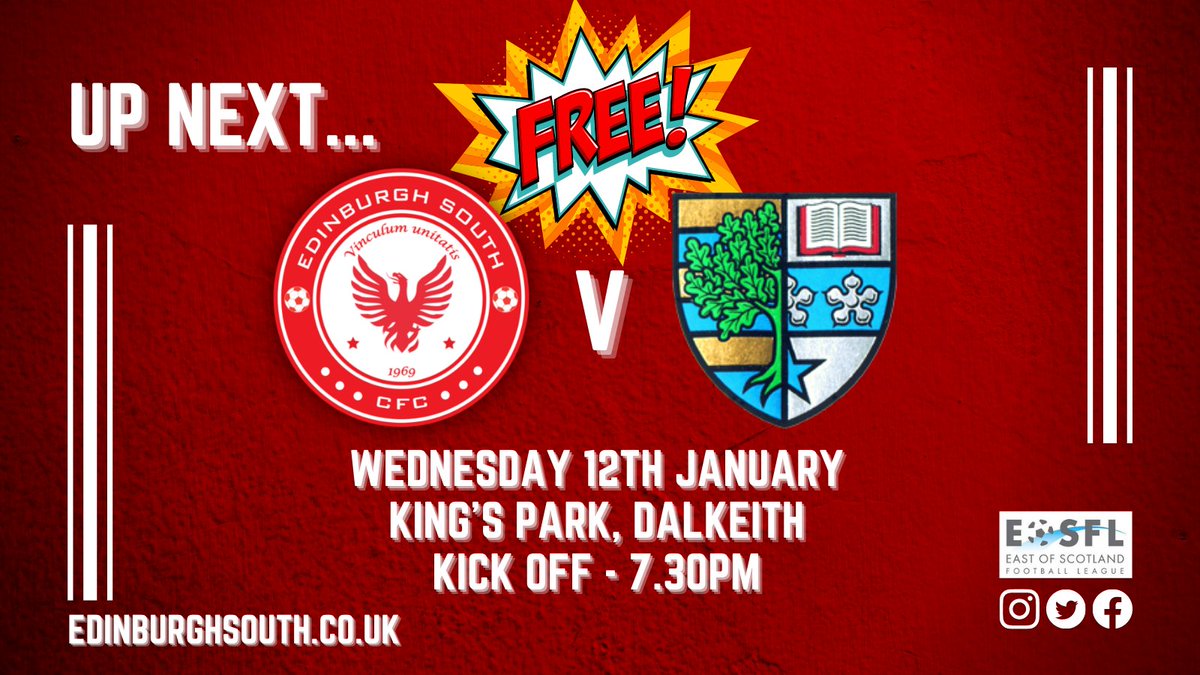 Edinsouthfc's tweet photo. ⚽️UP NEXT⚽️
As we play our first @EastScotlandFA fixture of 2022 next Wednesday against @hwufc - we would like to welcome all along to experience what the East of Scotland League is all about - 𝗙𝗢𝗥 𝗙𝗥𝗘𝗘!

Our café will be open for drinks &amp; snacks ☕️

#FreeFootball #500Fans https://t.co/mgVajRqtHj