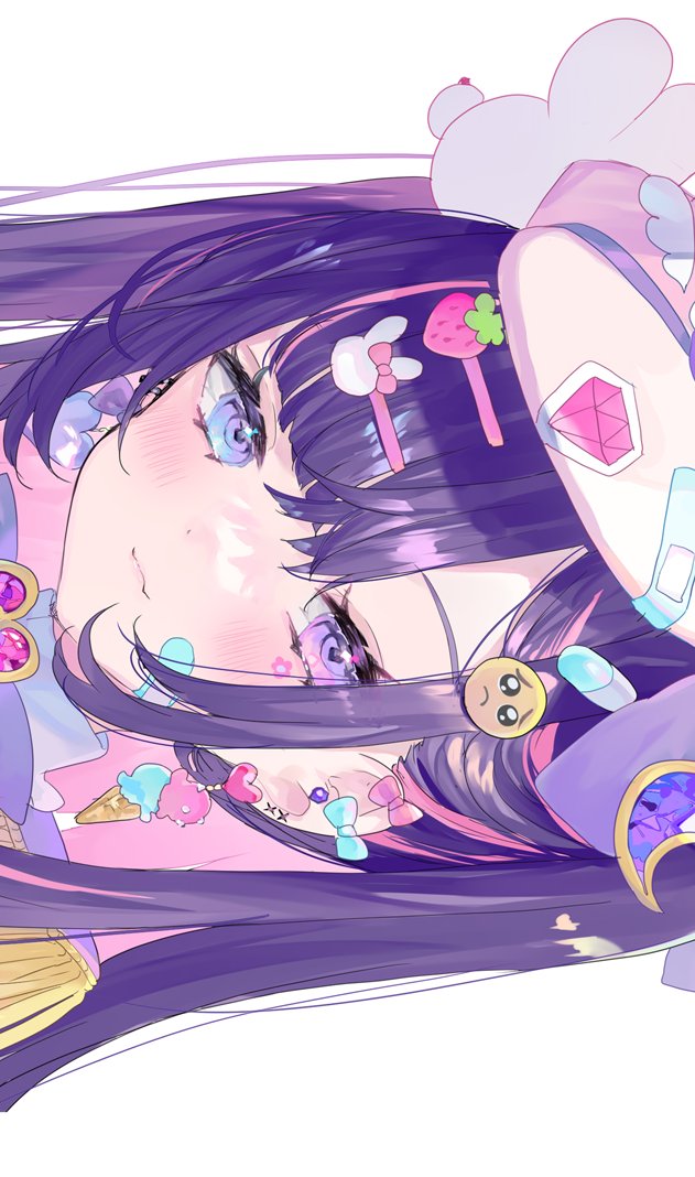 1girl sideways solo jewelry hair ornament earrings purple hair  illustration images