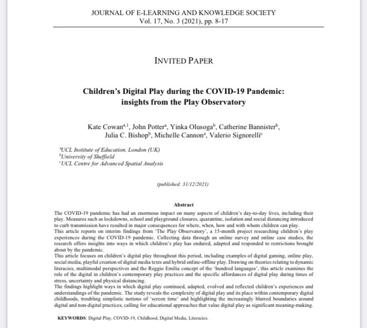 📝 Our first article has just been published, sharing interim findings about children’s digital play during the pandemic [open access]
je-lks.org/ojs/index.php/…