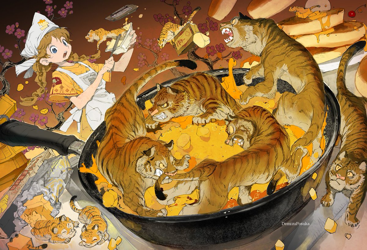 1girl tiger apron braid food brown hair blue eyes  illustration images