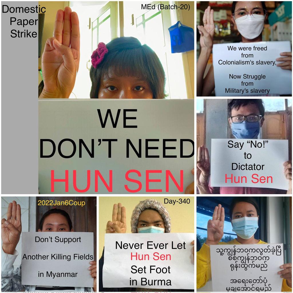 ActivistLittle's tweet photo. 6 CDMer teachers (MEd, Batch-20) from Sagaing University of Education staged an anti-coup domestic strike as 340th day and also condemned the Dictator Hun Sen. 🪧

#2022Jan6Coup #HunSenStayHome #WhatsHappeningInMyanmar https://t.co/oCONZYUrT0