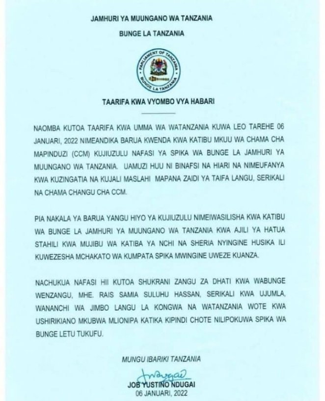 Hakingowi's tweet photo. 🔴 BREAKING NEWS

Spika Wa Bunge Job Ndugai AJIUZULU.. https://t.co/VeHrrDWO5T