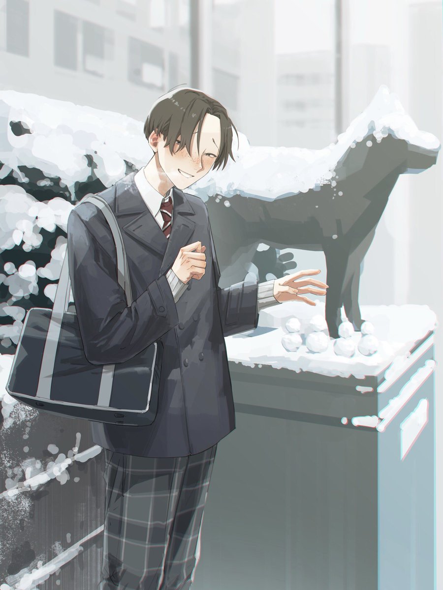 1boy male focus school uniform solo snow necktie blush  illustration images