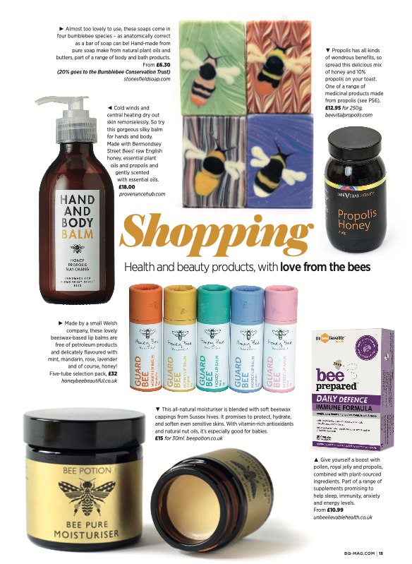 BqEditor's tweet photo. Plus our choice of lovely products made by bees for us - lipsalves from @HoneyBeeBeauti; immune boosters from @Unbeelievable health; propolis balm from @provenancehub and beautiful #bumblebee soaps from  @StonesfieldSoap. @BumblebeeTrust https://t.co/Om52AvplwV