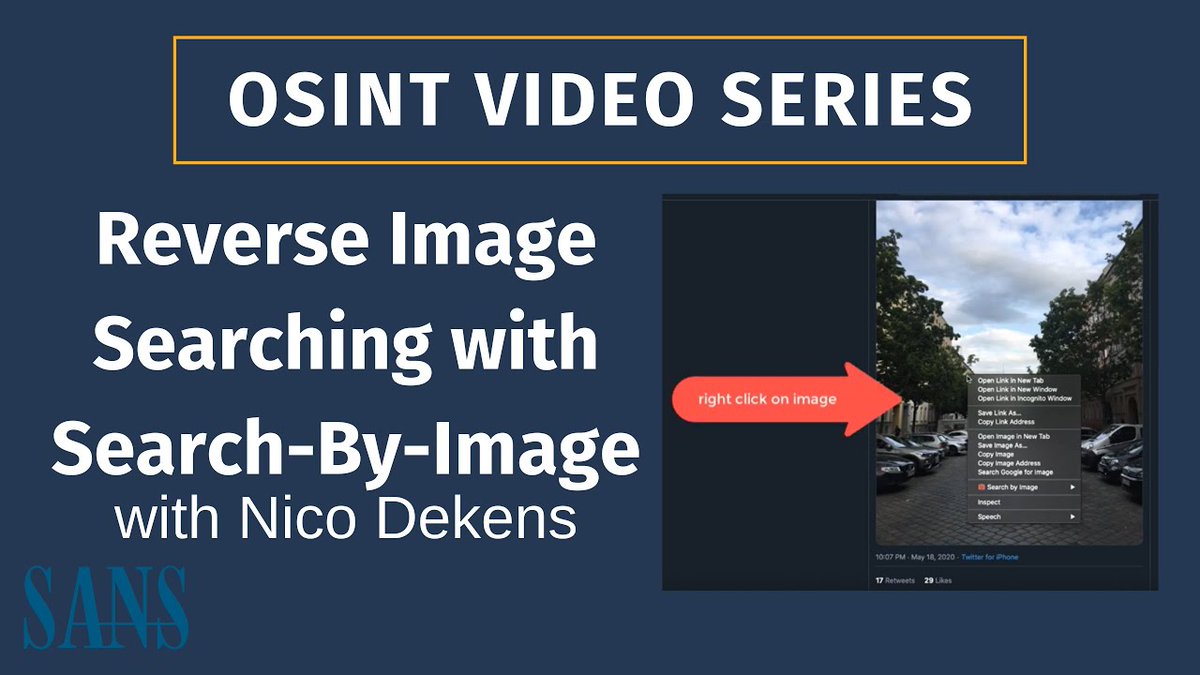 SANSDefense's tweet photo. In this video, @dutch_osintguy shows step by step how to verify &amp; validate images using the Chrome-Extension "Search-by-Image".
https://t.co/vxqMuOo48b

Learn more about our #OSINT course, #SEC487: https://t.co/RKZbB4kXew https://t.co/VL3vTkmFMt
