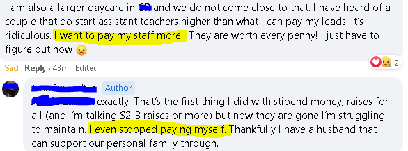 DaycareActivist's tweet photo. #Childcare owners should not have to make these kind of sacrifices just to stay open. Low wages are OBVIOUSLY not a result of owner greed. #FixChildcareNow #BuildBackBetter https://t.co/sFL2zTcxgM