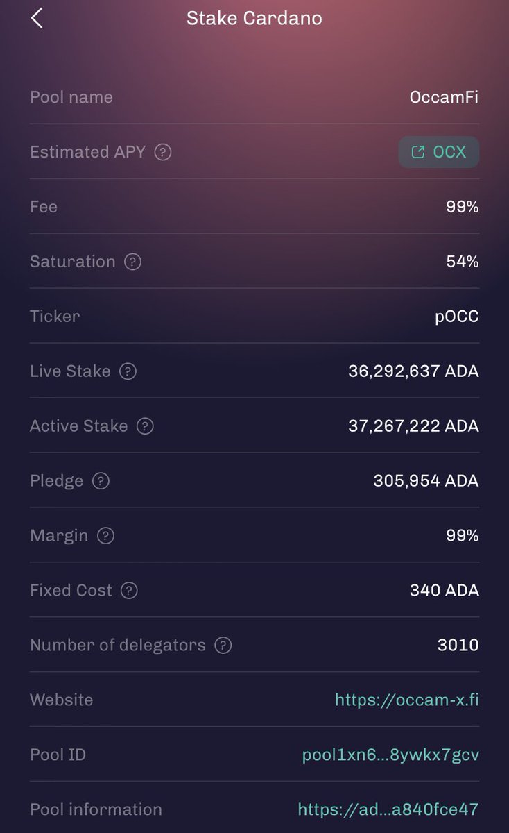 Q. How do I get the #OccamX #DEX token $OCX

A. Just delegate $ADA to the pOCC pool. This summer, $OCX will be dropped depending on the amount and duration of your delegation.
You can delegate directly from #Cardwallet You can also check the details of the pool and more.
#Cardano