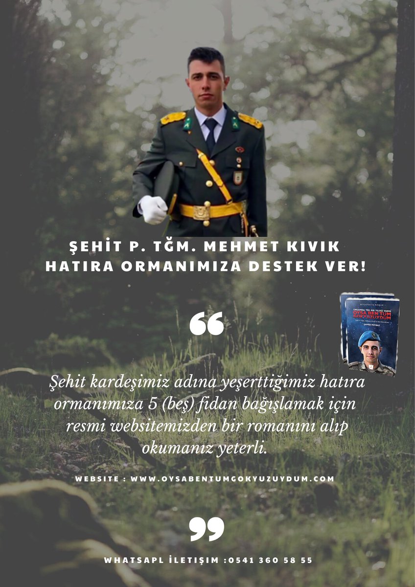 Ve bir mücadeleyi daha nihayete erdirmek üzereyiz. Son 350 fidan...

Benim de bir dikili ağacım olsun diyenlerin kitap teminlerini oysabentumgokyuzuydum.com/siparis linkimizden tamamlamaları yeterlidir.

Anısına ve ciğerlerimize nefes olmaya devam.