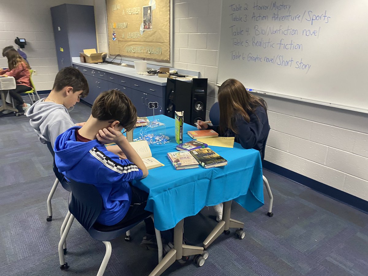 BearsIMC's tweet photo. Check out Mrs. Morehart's classes participating in a genre book tasting! Finding their favorite genre in order to check out a book! @EtownAreaMS https://t.co/OAhUARzlqK